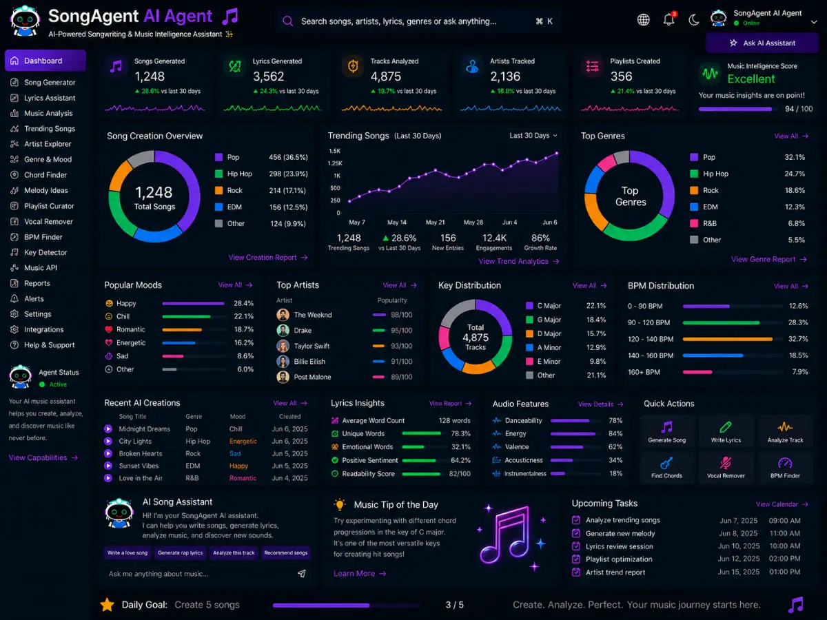 songagent.app AI song agent agent app — song agent dashboard preview